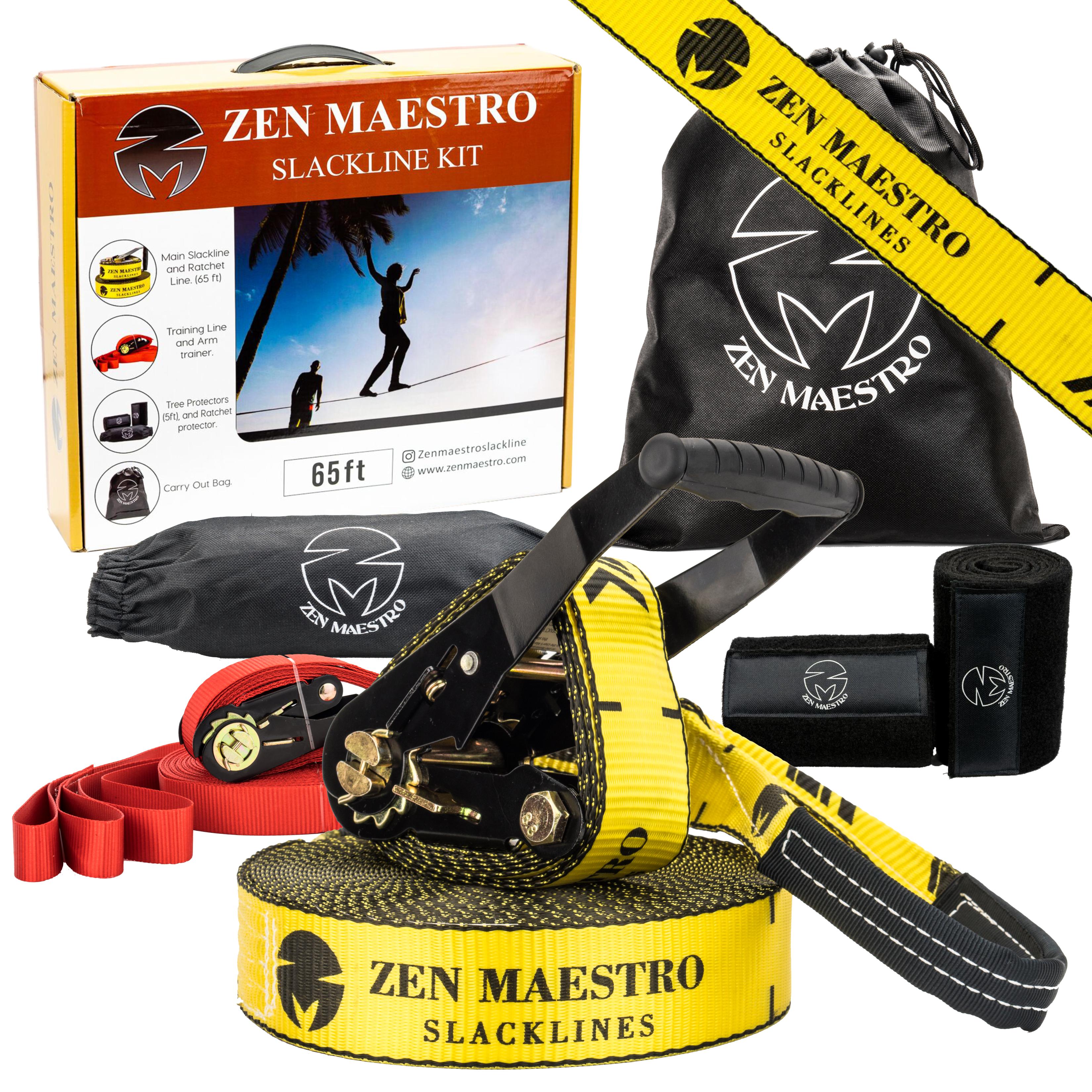 Gentle Booms Sports 250ft Slackline kit with Tree Protectors, Carry Bag,  Arm Trainer, Backyard Outdoor Slackline kit, Ninja Warrior Slackline